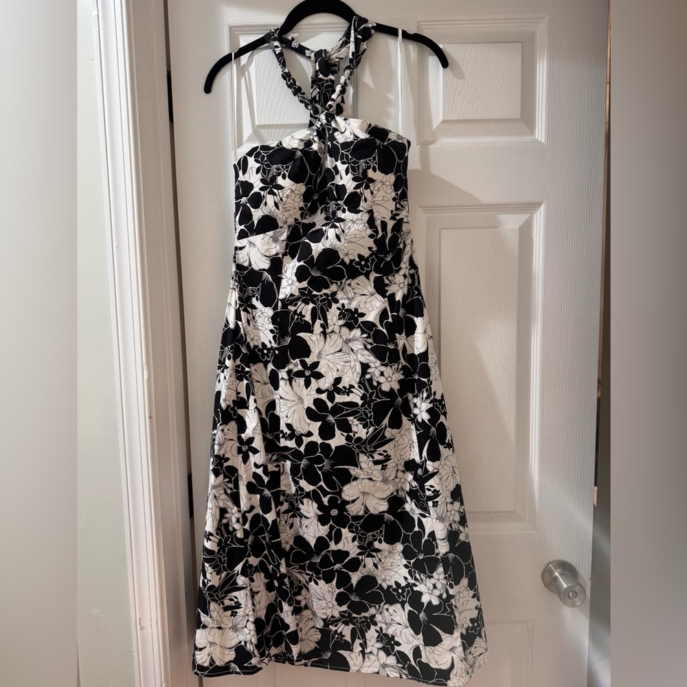 Black and White Floral midi Halter Dress wedding guest vacation